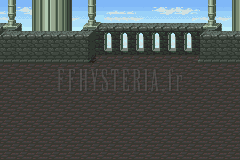 Le décor des combats en extérieur de la tour : terrasse de pierre à balustrade sous un ciel bleu (version SNES)