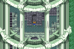 L’intérieur de la Tour protectrice : colonnes vertes autour d’une salle circulaire, Bartz au centre (version GBA)