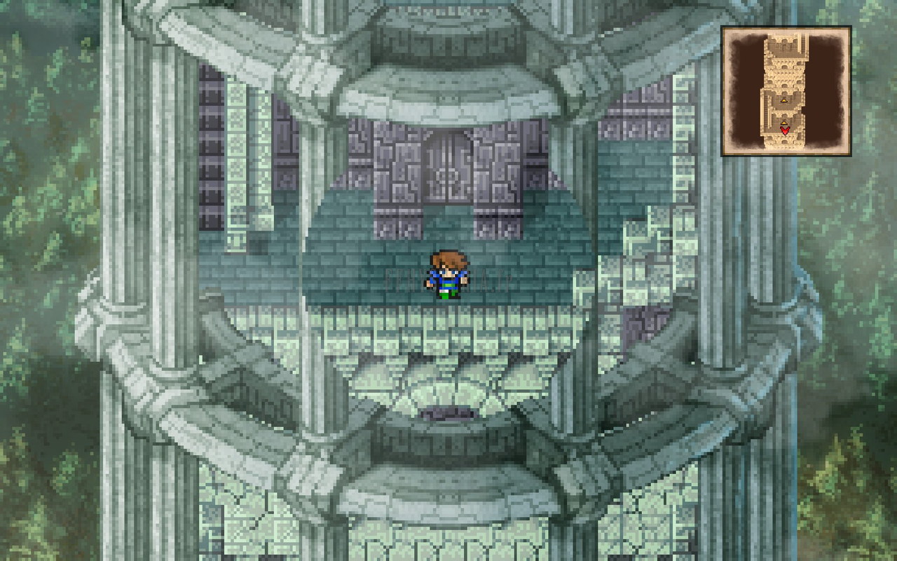 Une salle de la Tour protectrice : colonnes de pierre verdâtre et passerelle, un héros au centre (Pixel Remaster)