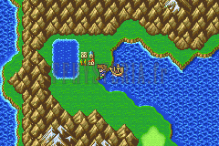 Tule au bord de son lac, le navire accosté à droite, sur la mappemonde (version GBA)