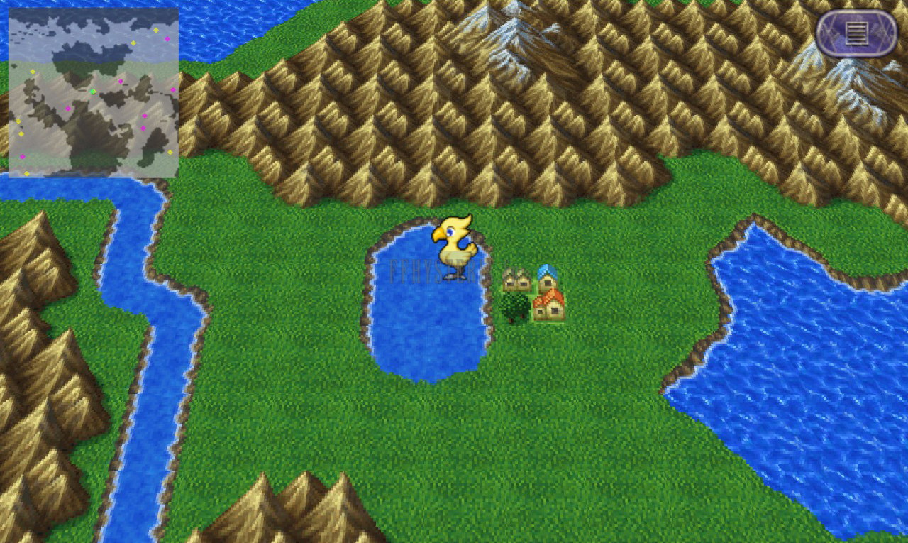 Tule au bord d’un lac, un chocobo arrêté devant la ville, sur la mappemonde du monde fusionné (version mobile/PC 2013)