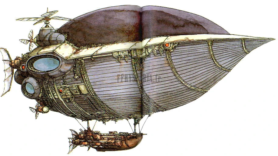 Le Blackjack, l’aéronef de Setzer : un ballon riveté, sa nacelle de bois et ses hélices, illustration officielle