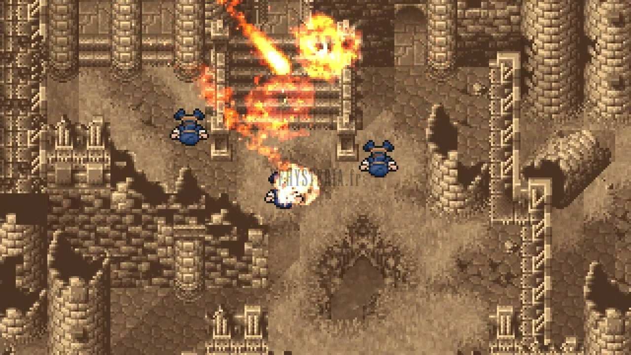 Des ruines couleur sépia sous des traits de feu magique : la guerre des Magi, version Pixel Remaster