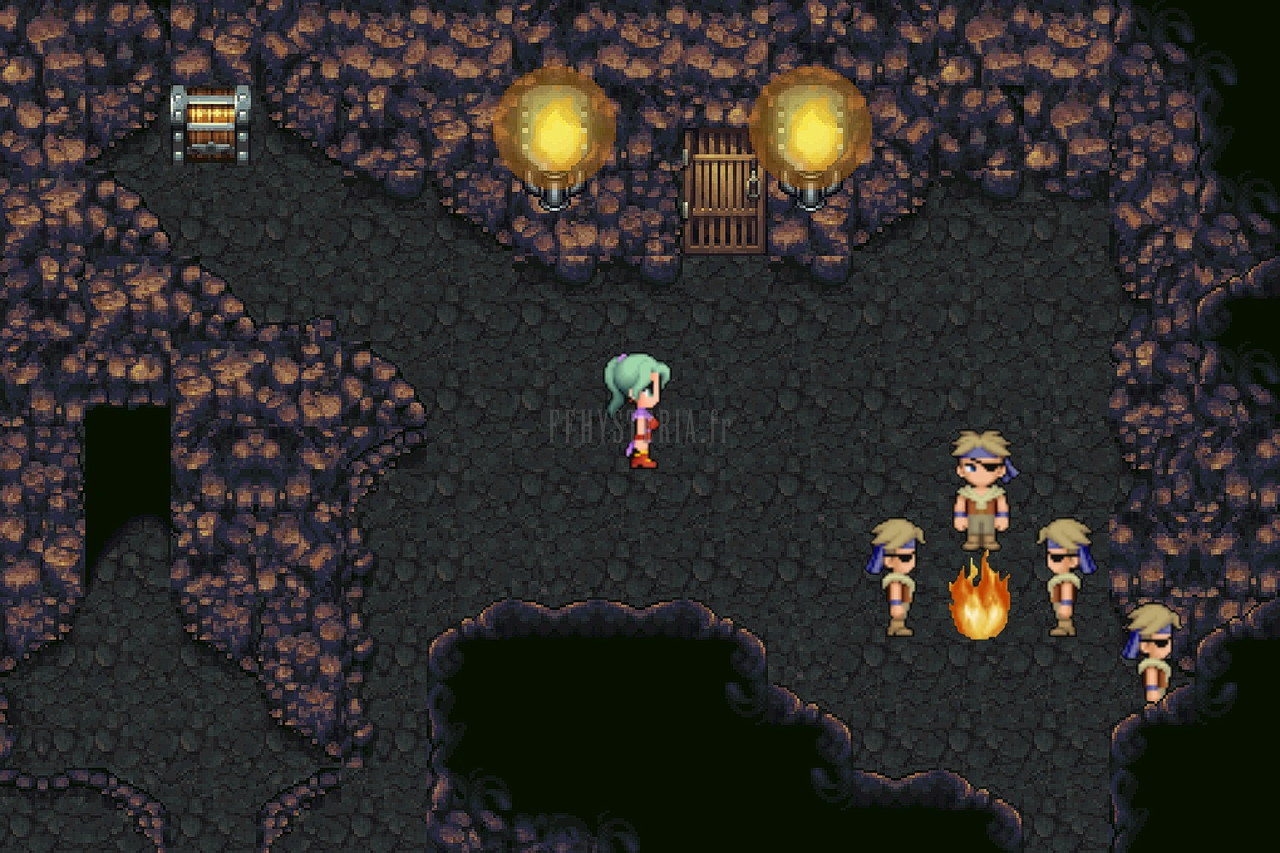 L’intérieur de la Grotte du Veldt : Terra devant un campement de chasseurs autour d’un feu, lanternes au mur (version mobile/PC)