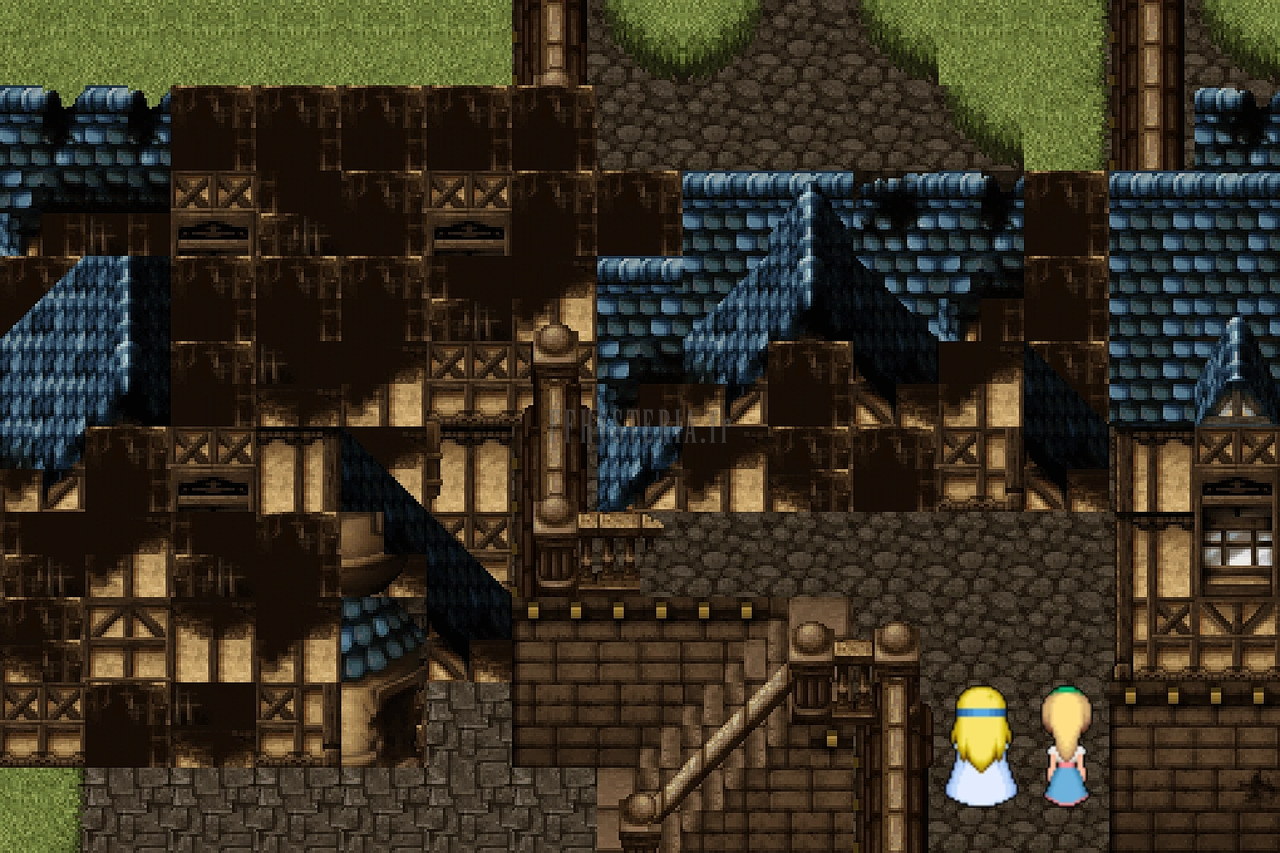 Tzen après l’effondrement : la maison éventrée entre les toits bleus, deux personnages devant (version mobile/PC)