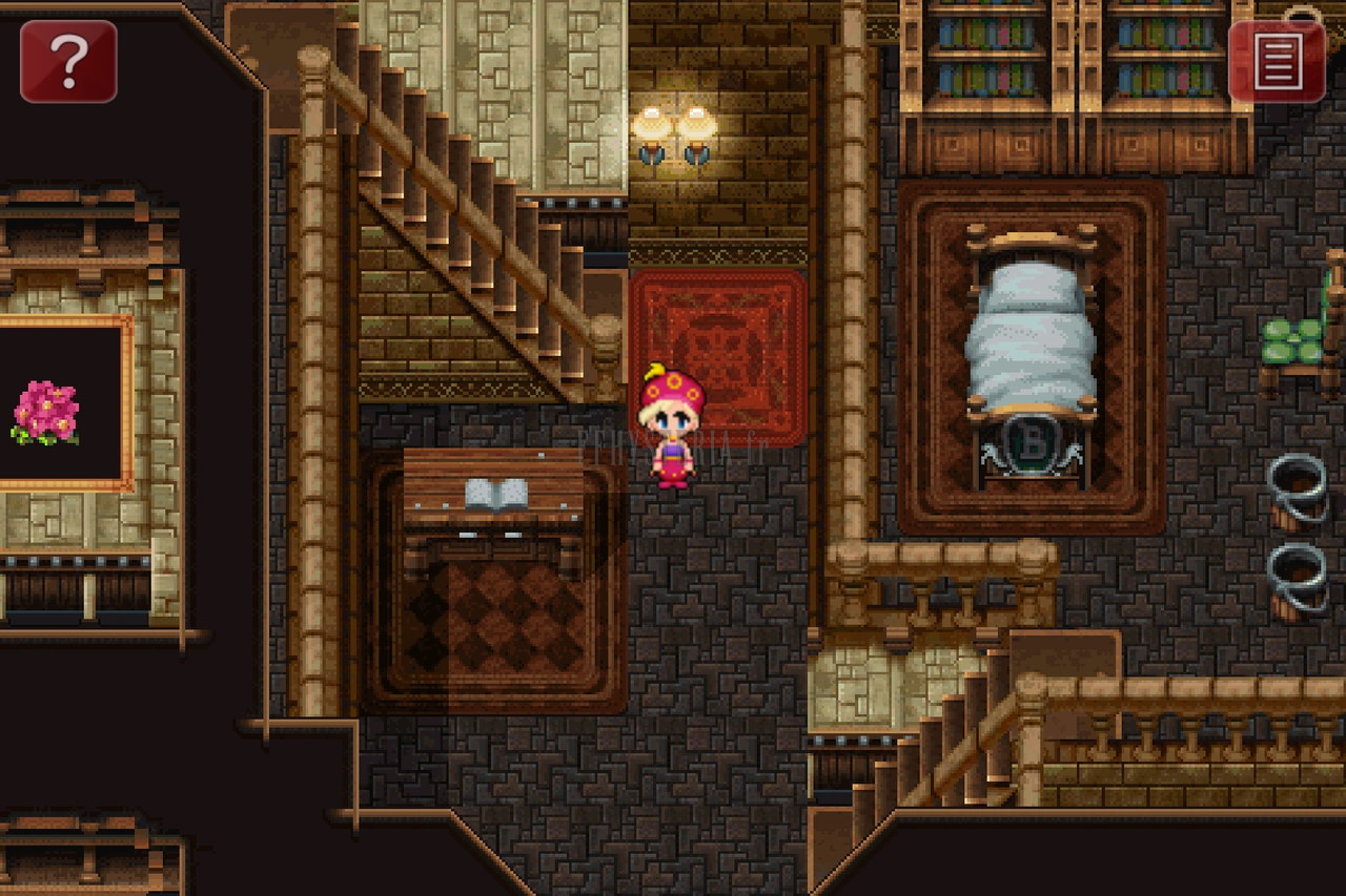 Le hall du manoir d’Owzer : escalier de bois, table au livre ouvert, bibliothèques et lit ; Relm, coiffée de rouge, près des marches (version mobile/PC)