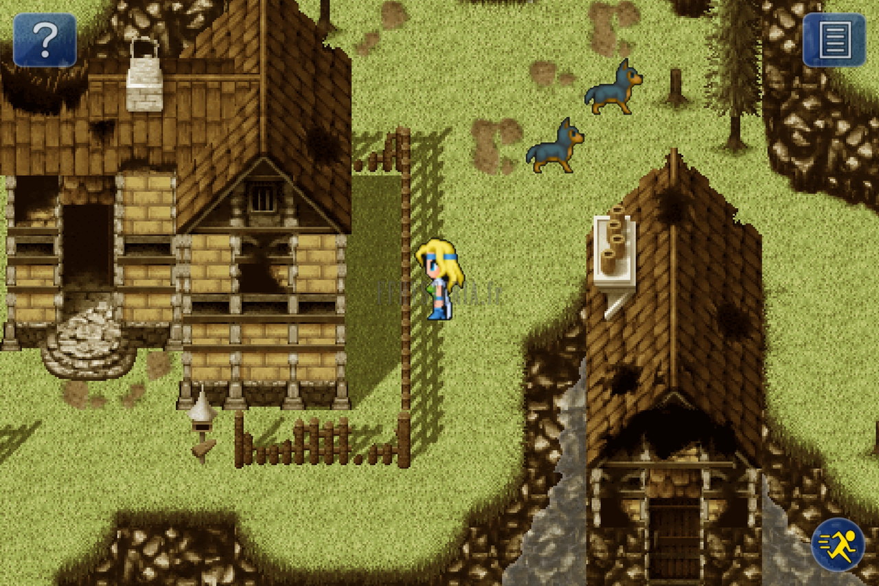 Mobliz dévasté : maisons de bois délabrées, herbe jaunie, Celes et les chiens du village (version mobile/PC)