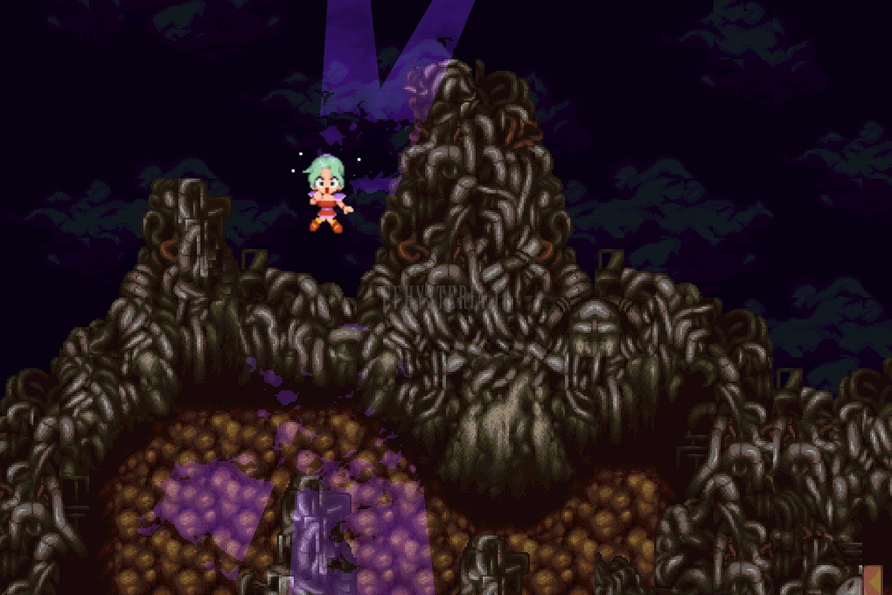 Les abords de la Tour de Kefka : amas de roches noires et violettes, Terra au centre (version mobile/PC)