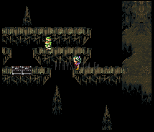 Passerelles de bois suspendues dans le noir du ventre, stalagmites et personnages (version SNES)