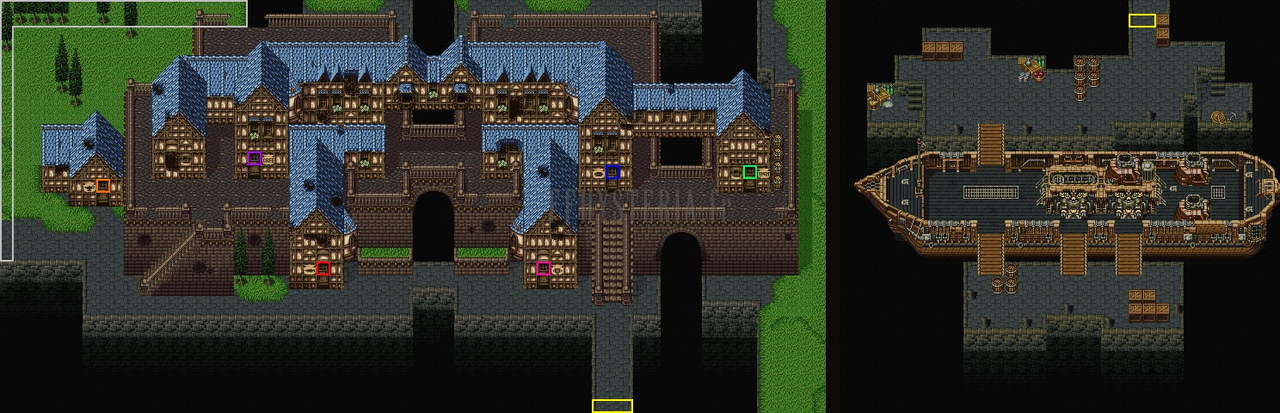 Plan d’Albrook (version SNES) : la ville haute, les boutiques et, à droite, le navire amarré au port