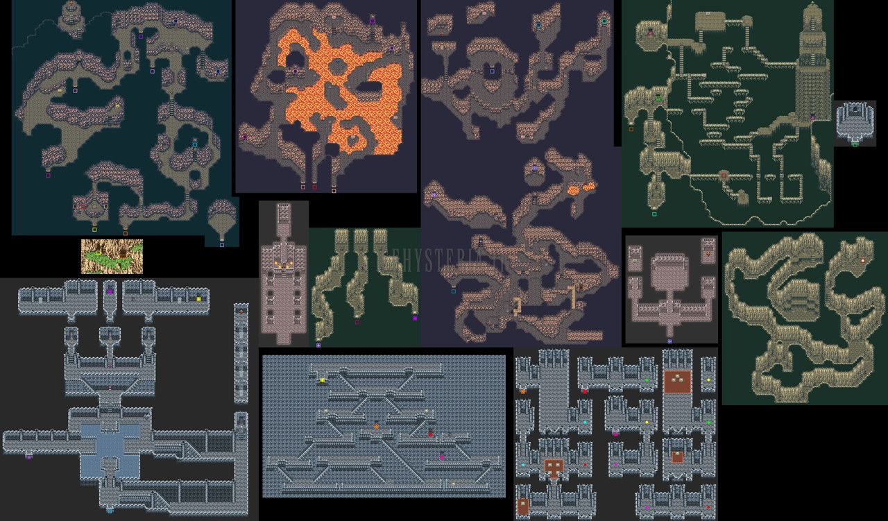Plan complet de l’Antre des dragons : grottes, labyrinthe de lave, temple bleu et salles de pierre ; les repères de couleur relient les passages (version GBA)
