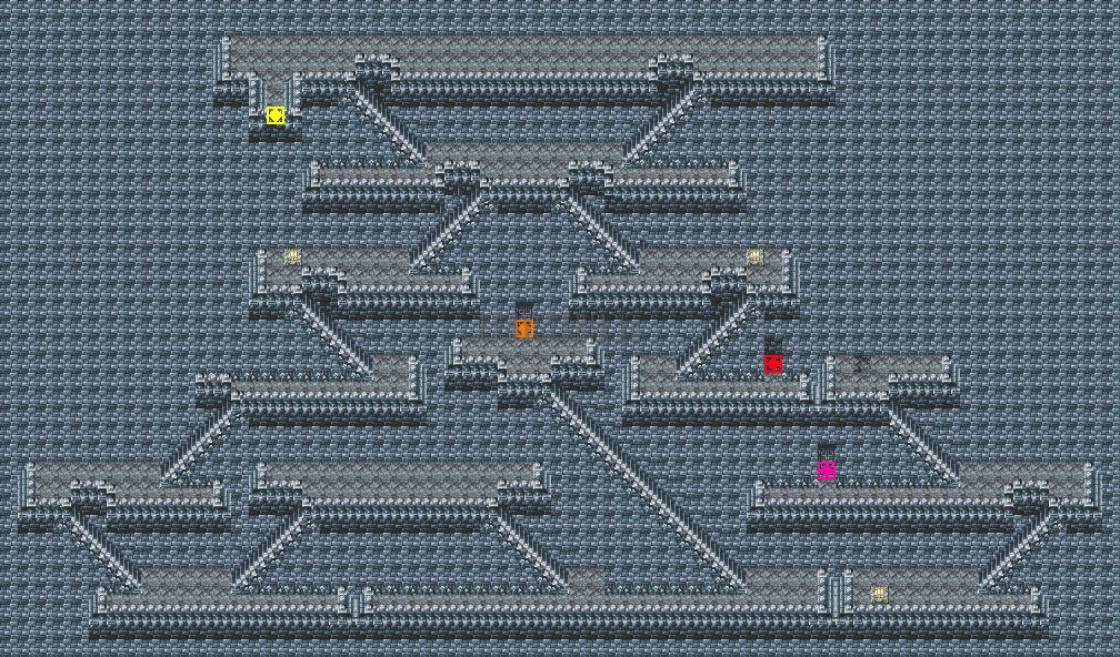 Plan du cloître du temple : paroi de pierre bleue sillonnée d’escaliers en diagonale, repères de couleur aux portes (version GBA)