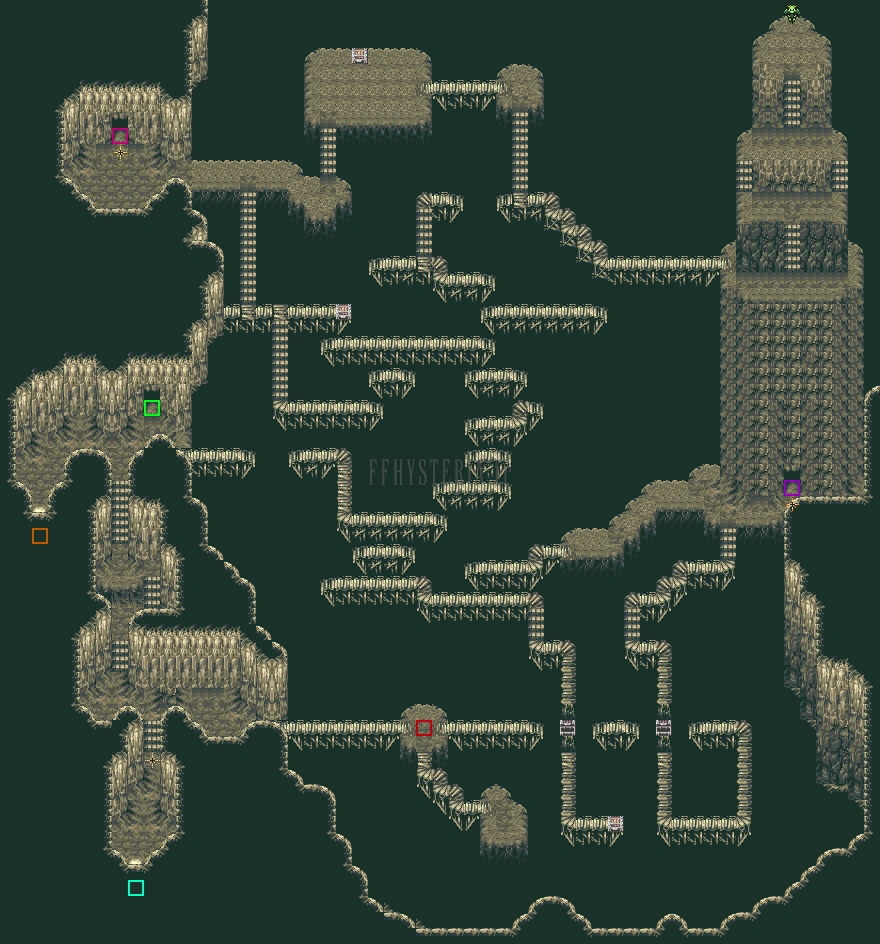 Plan de la grande caverne : dédale de passerelles et de ponts, avec la tour du Dragon squelette à droite (version GBA)