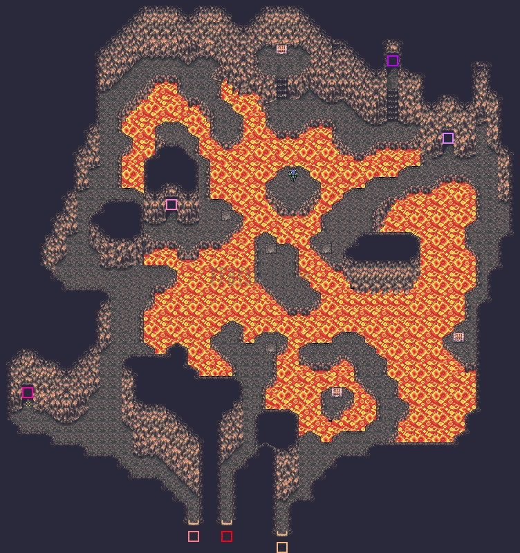 Plan du labyrinthe brûlant : grotte envahie par une nappe de lave orange, rochers et passages sur les bords (version GBA)