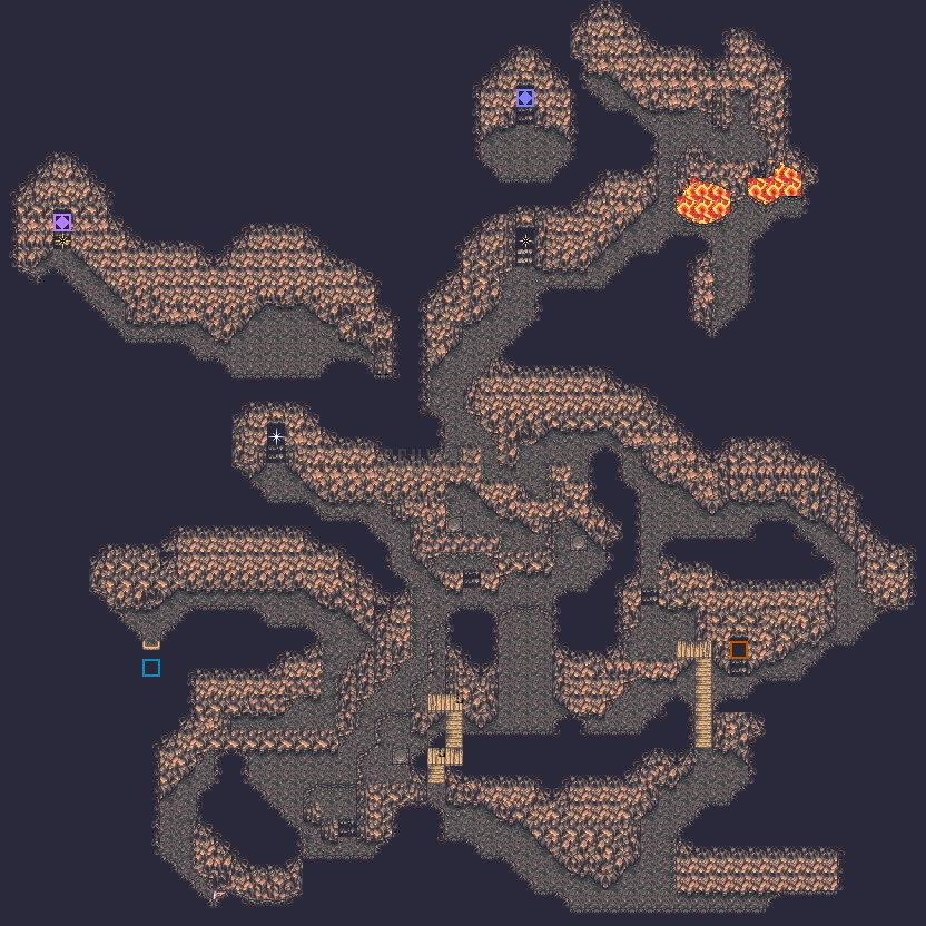 Plan du labyrinthe de l’œil intérieur : galeries de roche sur fond violet et deux mares de lave en haut à droite (version GBA)
