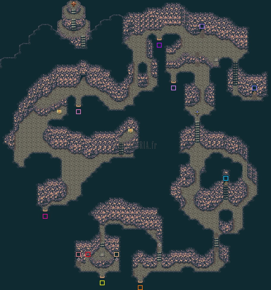 Plan du labyrinthe de terre, première zone de l’antre : galeries de roche au bord d’une eau sombre, repères de couleur aux passages (version GBA)