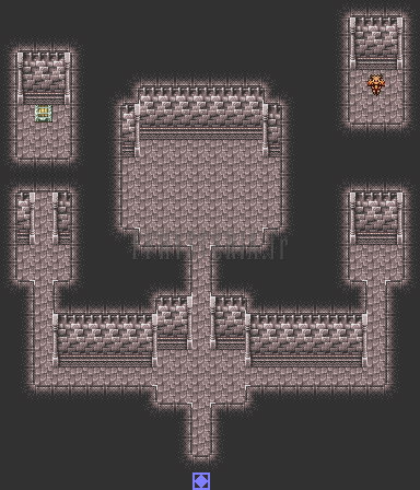 Plan du palais sacré : grande salle et couloirs en T, avec les coffres dans les salles latérales (version GBA)