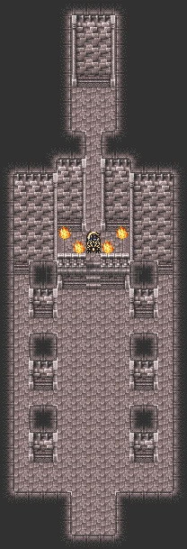 Plan du repaire du Dragon Empereur : salle dallée étroite et braseros, où Oméga Arma prend sa place une fois l’Empereur vaincu (version GBA)