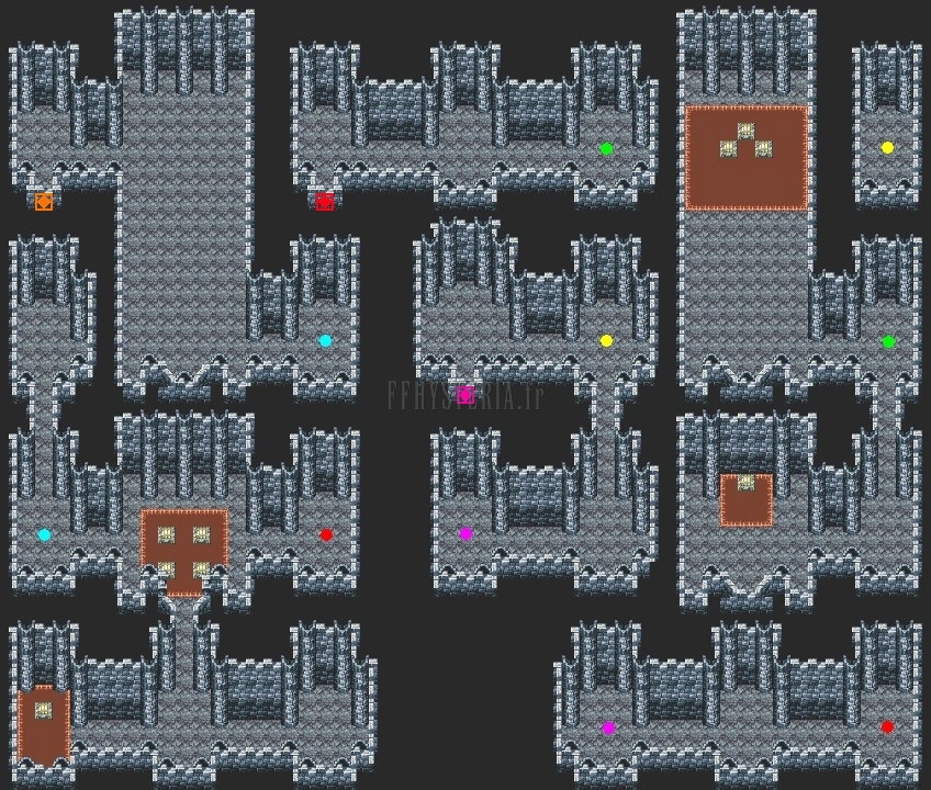 Plan de la salle du trésor : cellules de pierre bleue, estrades rouges portant les coffres, repères de couleur entre les téléporteurs (version GBA)