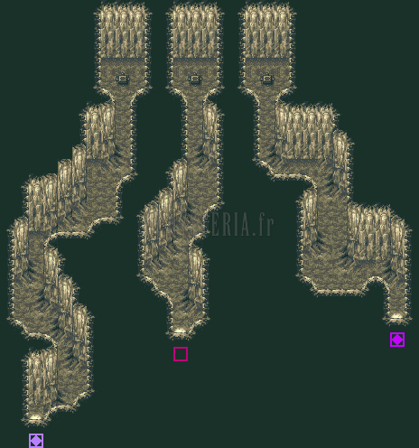 Plan du souffle de l’Empereur : trois couloirs de roche claire parallèles, un interrupteur au bout de chacun (version GBA)