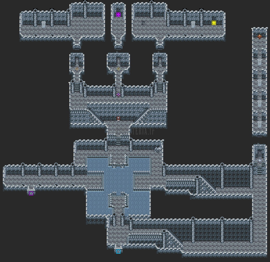 Plan du temple du dragon : couloirs de pierre bleue autour du bassin de la tortue, tombes et salles au nord ; repères de couleur aux passages (version GBA)