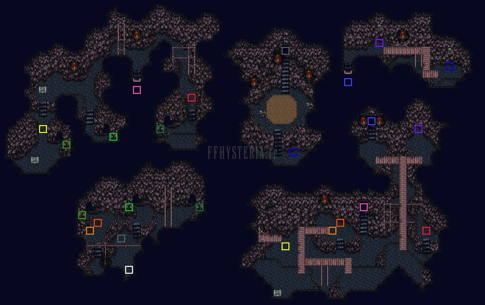 Plan de l’Antre du Yéti : îlots de roche reliés par des passerelles, coffres, trappes et interrupteurs repérés par des carrés de couleur (version SNES)