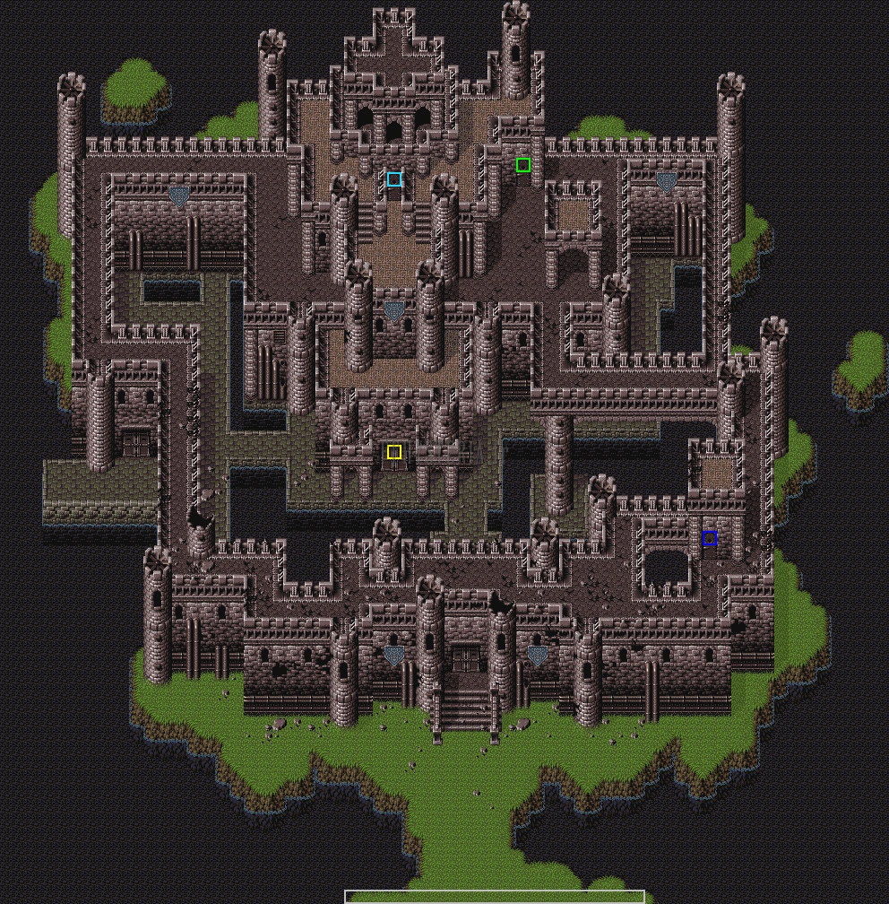 Plan du château de Doma, vu de dessus sur son promontoire herbeux (version SNES)