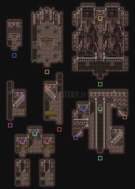 Plan des sous-sols du Château de Figaro : salles de pierre, escaliers et salle des machines (version SNES)