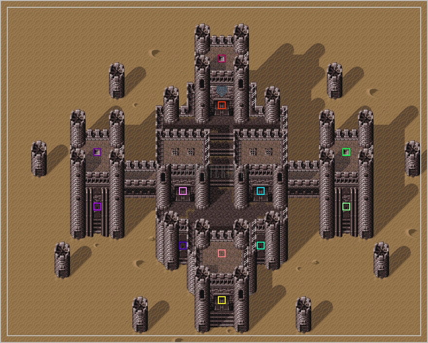 Plan du château de Figaro vu de dessus, avec ses deux tours isolées dans le sable (version SNES)