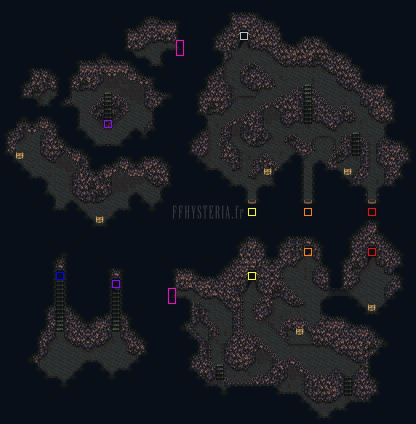Plan de la grotte qui mène à la Citadelle oubliée : îlots de roche sur fond bleu nuit, les carrés de couleur relient les sorties (version SNES)