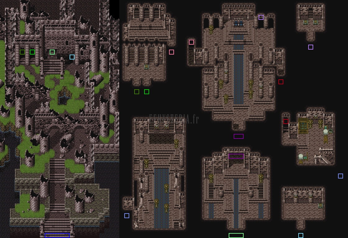 Plan de la Citadelle oubliée : cour et escaliers à gauche, salle du trône, ailes et souterrains à droite ; les carrés de couleur relient les portes (version SNES)
