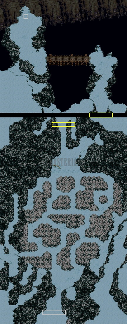Plan des Falaises de Narshe : sentiers enneigés entre les rochers, plateau de la chimère au sommet (version SNES)