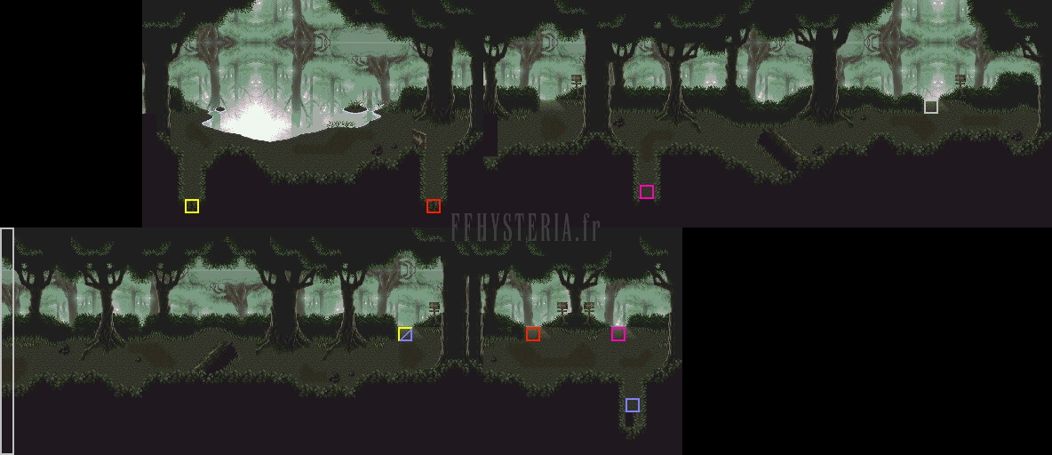 Plan de la Forêt des illusions : sous-bois brumeux en plusieurs sections (version SNES)