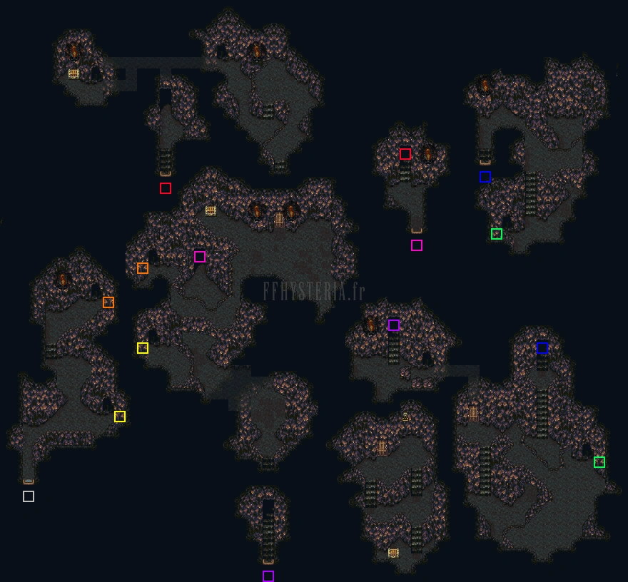 Plan de la Grotte du Veldt : îlots rocheux et galeries sur fond sombre (version SNES)