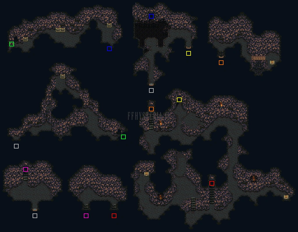 Plan de la Grotte de Figaro-Sud, galeries reliées par des repères de couleur (version SNES)