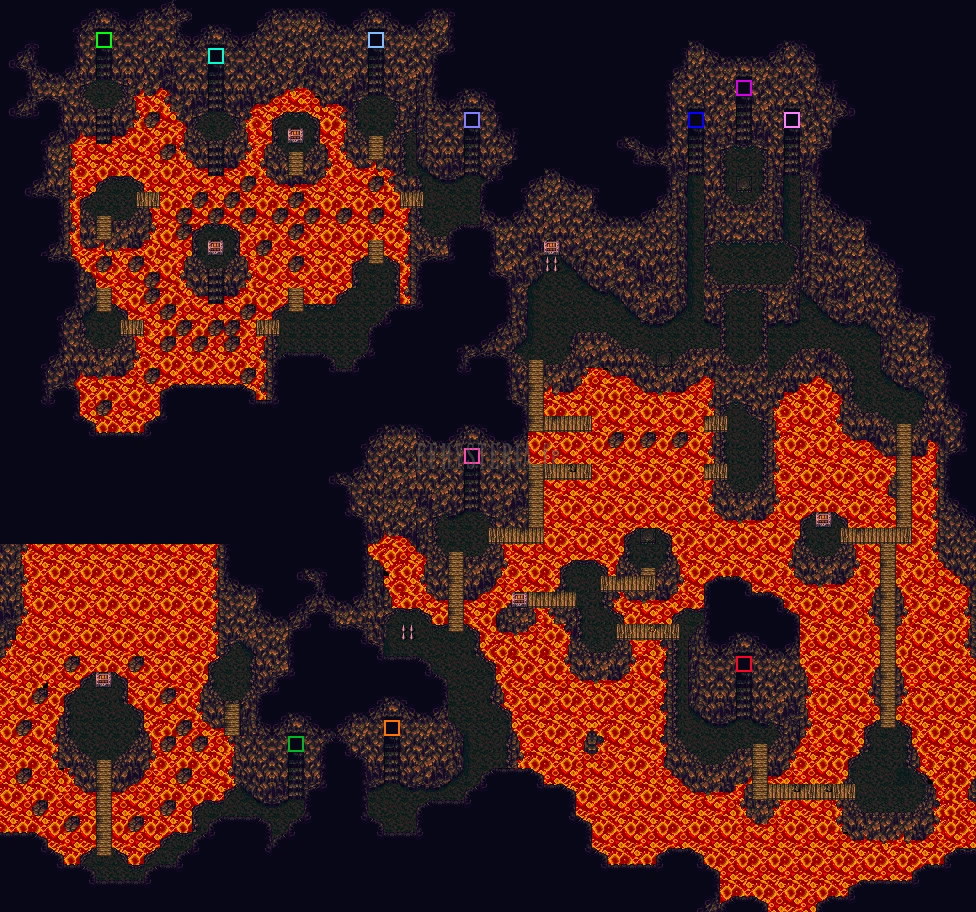 Plan de la partie basse de la Grotte du Phénix : galeries et nappes de lave orange (version SNES)