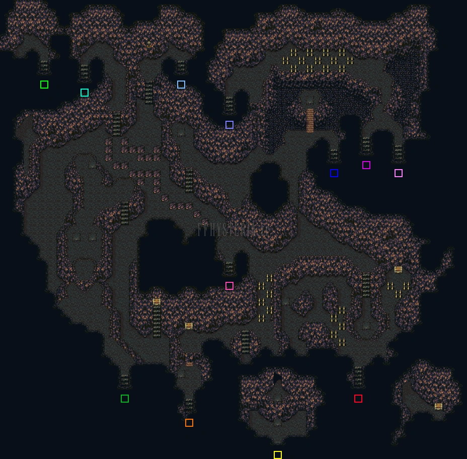 Plan de la partie haute de la Grotte du Phénix : galeries de roche sur fond bleu nuit (version SNES)