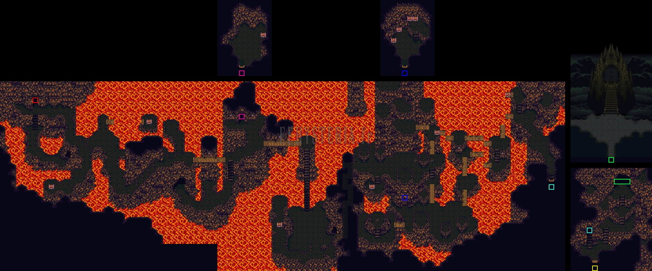 Plan de la Grotte du portail scellé (version SNES) : la grande caverne au-dessus de la lave et, à droite, le portail