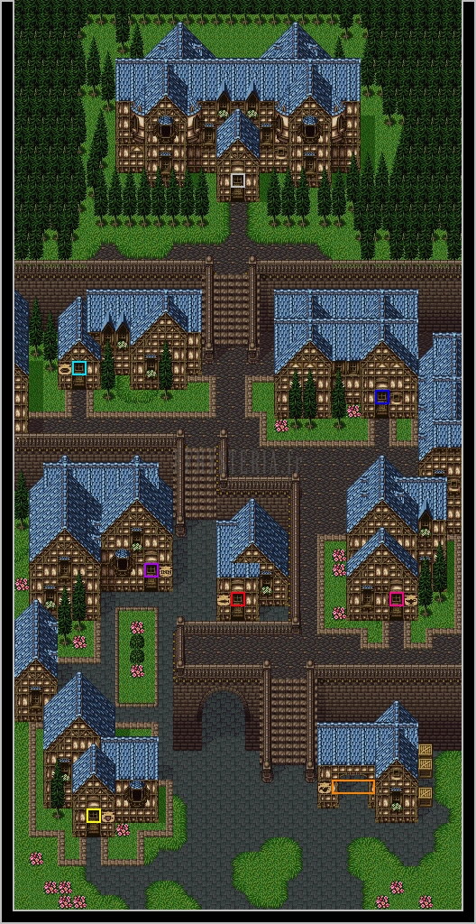 Plan de Jidor : le manoir d’Owzer en haut, les maisons aux toits bleus et les pelouses en contrebas (version SNES)