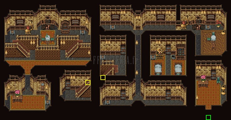 Plan de la maison qui s’effondre à Tzen : rez-de-chaussée, étage et sous-sol (version SNES)