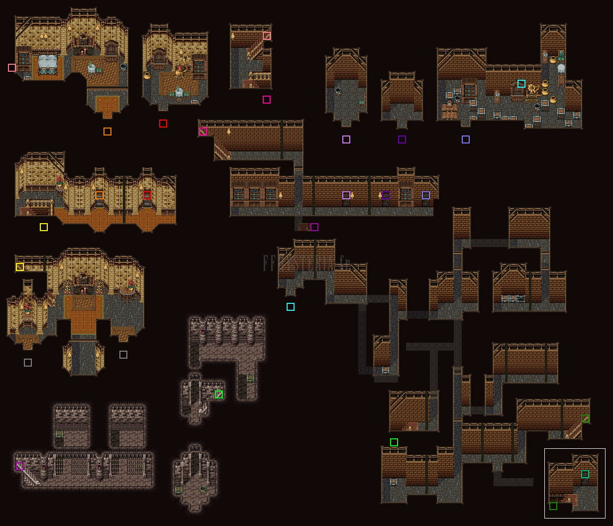 Plan du manoir de Figaro-Sud, de ses étages et du souterrain qu’il dissimule (version SNES)