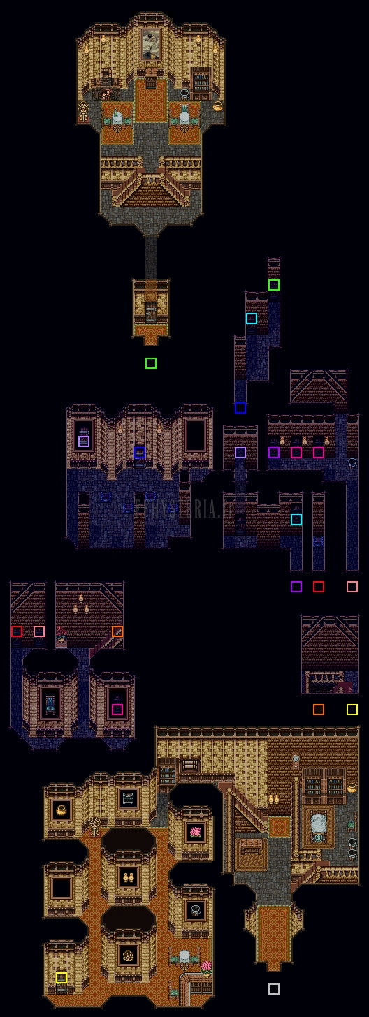 Plan en colonne du Manoir d’Owzer : galerie de tableaux, étages et sous-sol (version SNES)