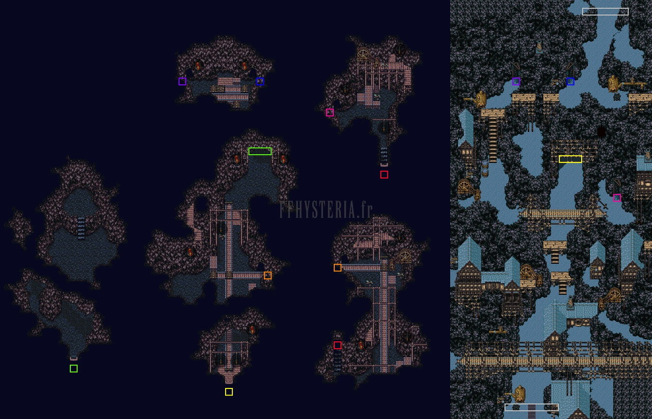 Plan des galeries nord de la mine de Narshe, où repose la chimère gelée ; les carrés de couleur relient les sorties entre elles (version SNES)