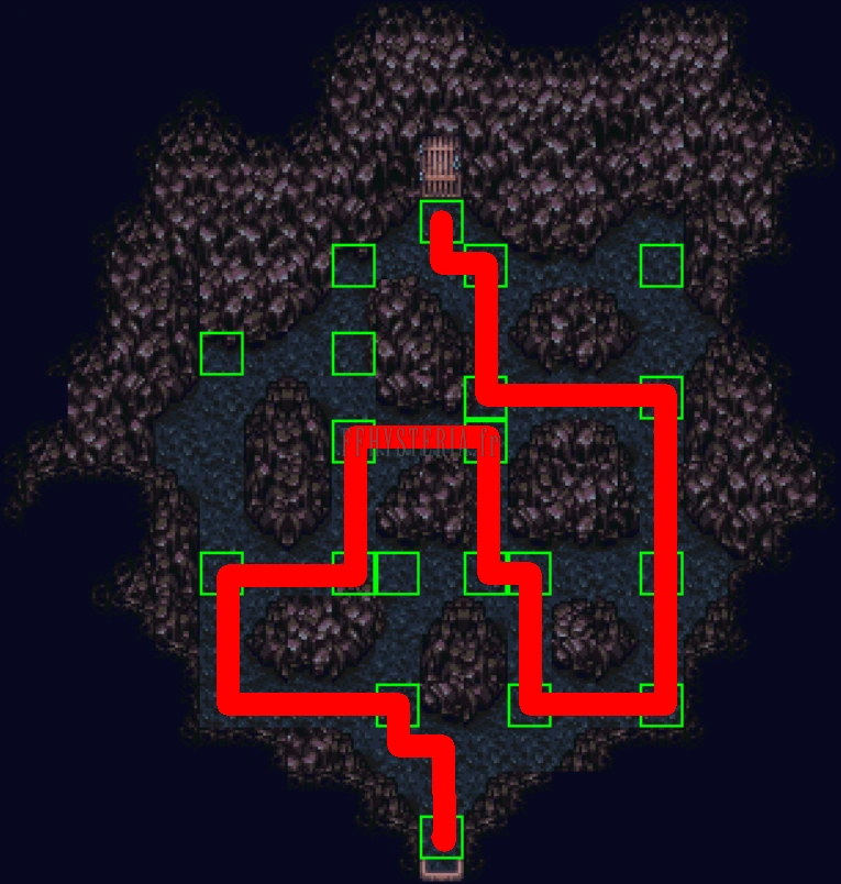 Le poste de contrôle de la mine de Narshe : le chemin sûr est tracé en rouge, les cases vertes déclenchent les lumières (version SNES)