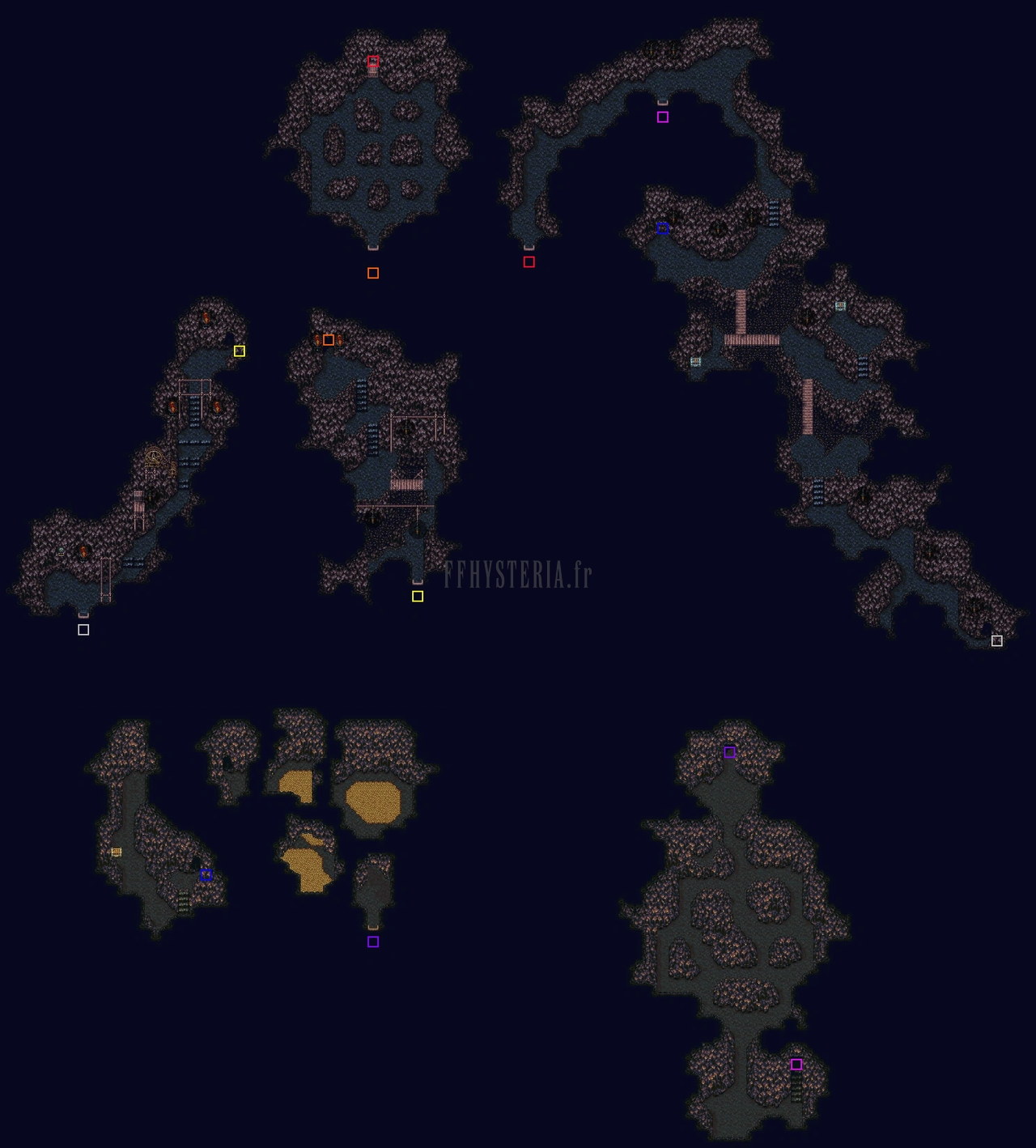Plan des galeries sud de la mine de Narshe, du poste de contrôle à l’antre des mogs, avec leurs repères de couleur (version SNES)