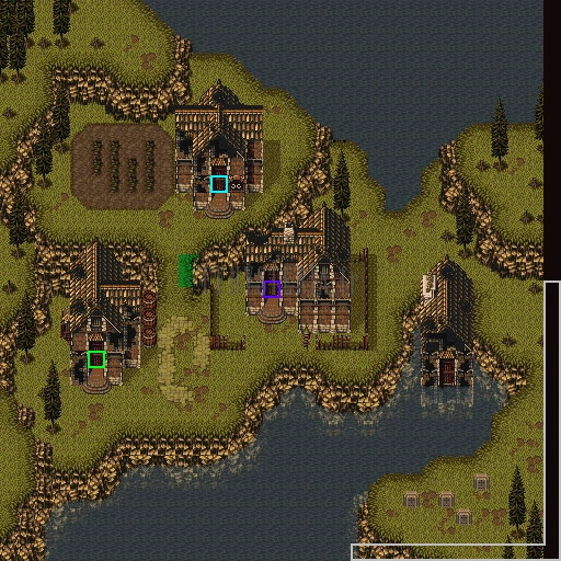 Plan de Mobliz dans le Monde en Ruines : maisons éventrées, herbe jaunie et côte (version SNES)