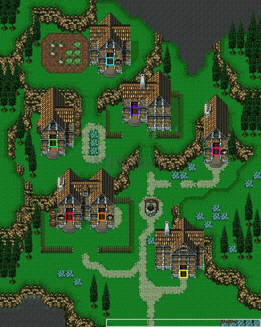 Plan de Mobliz dans le Monde de la Balance : maisons, chemins et prairie (version SNES)