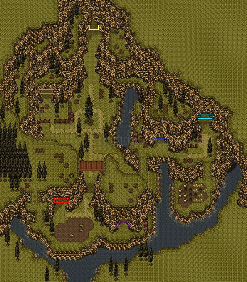 Plan du village du Monde des chimères (version SNES) : maisons creusées dans la roche, rivière et portail au nord, avec des repères de couleur ajoutés