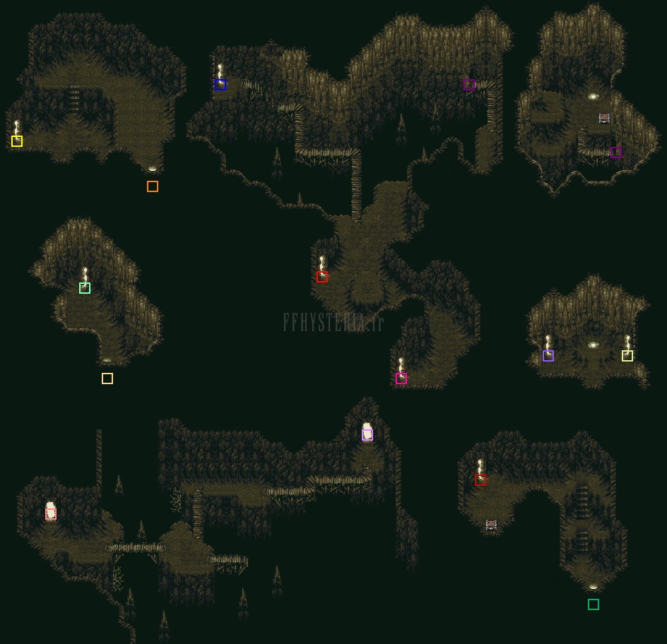 Plan des grottes du Mont Kolts, avec des repères de couleur reliant les sorties (version SNES)