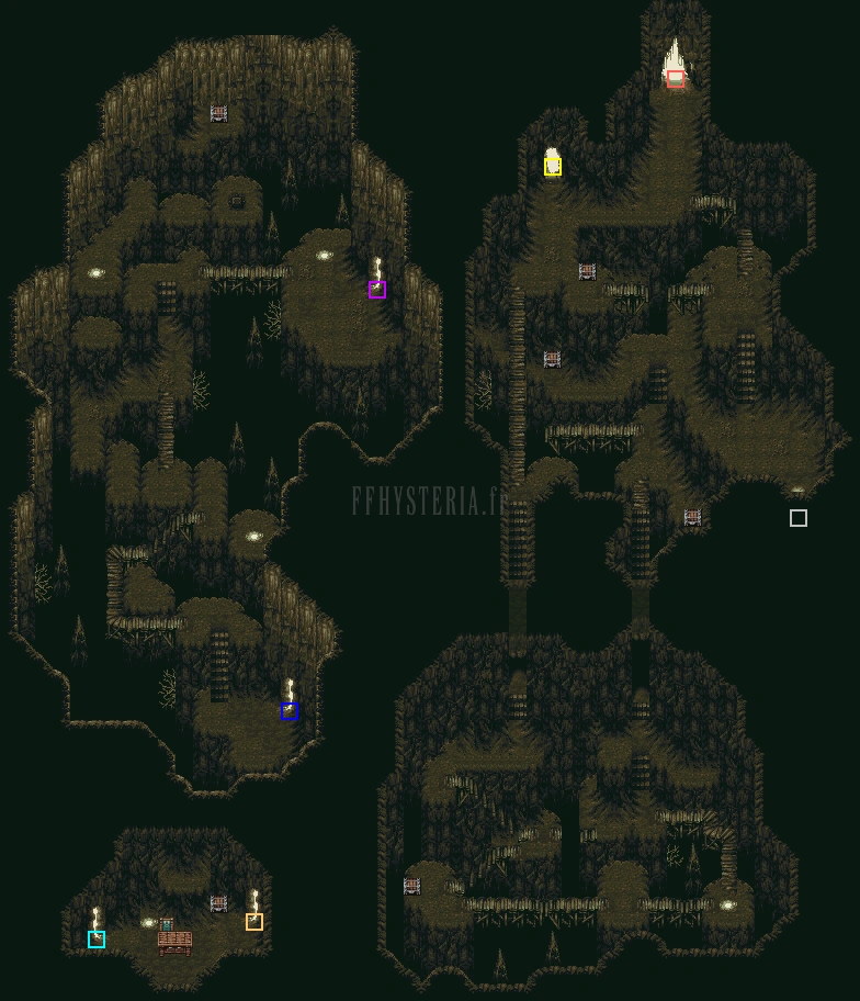 Plan des grottes du Mont Zozo : galeries, passerelles et chambre au fond (version SNES)